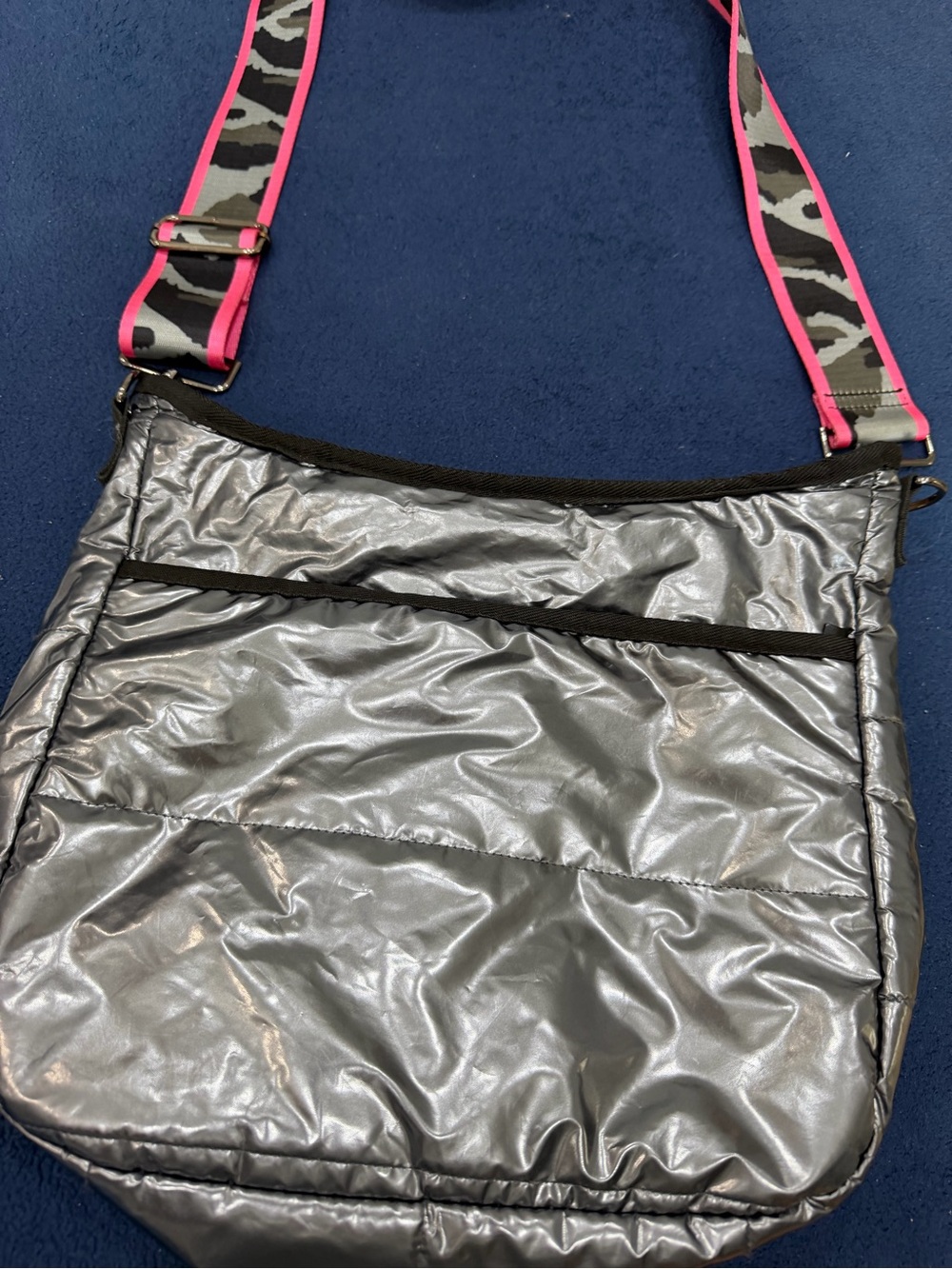 HAUTE SHORE Metallic Silver Crossbody with Pink-Trim Camouflage Strap